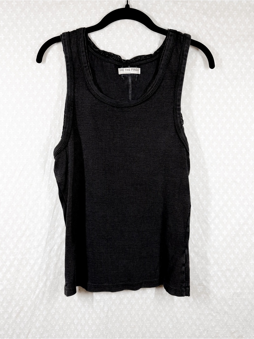 Free People We The Free Washed Black Ribbed Lace Detail Tank Top